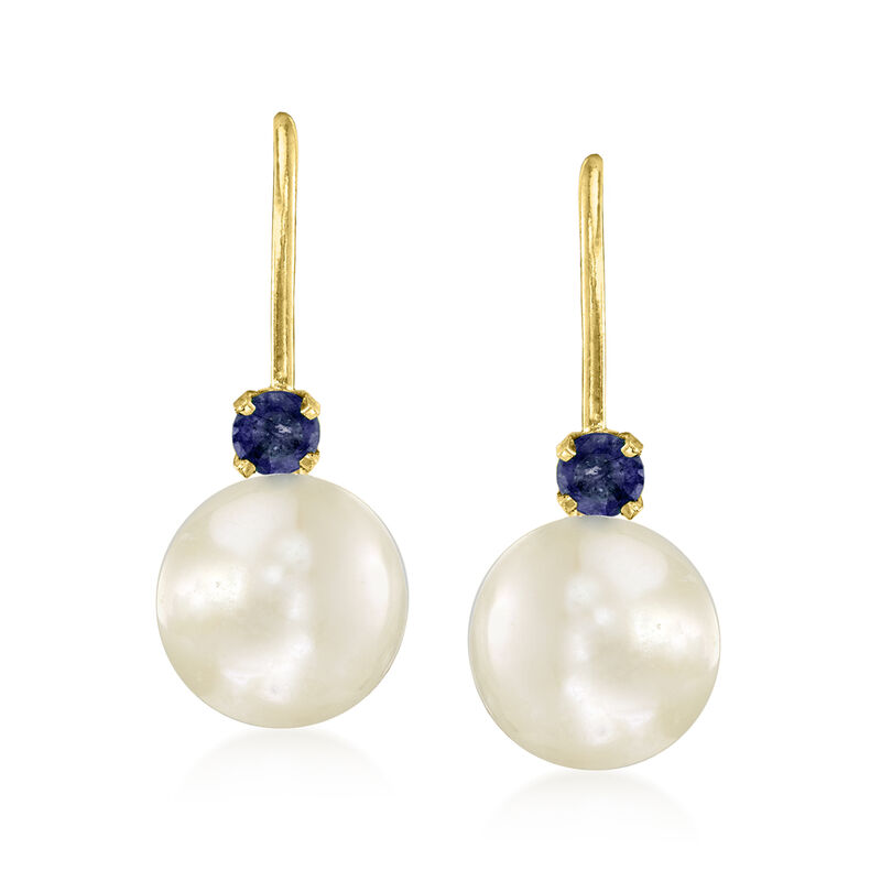 7-7.5mm Cultured Pearl Drop Earrings with .10 ct. t.w. Sapphires in 14kt Yellow Gold  image number 0