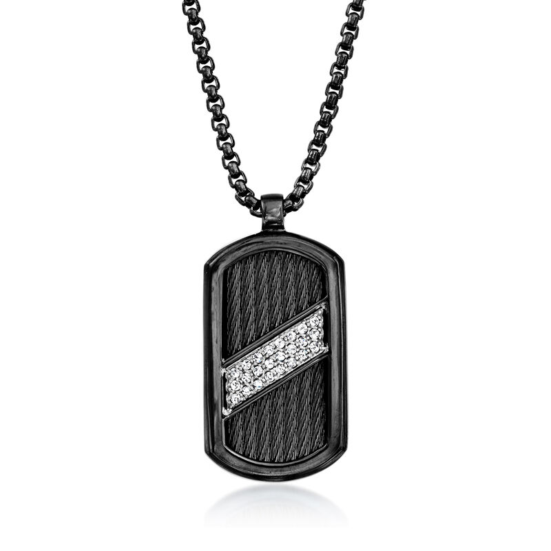 ALOR Men's Black Stainless Steel Dog Tag Pendant Necklace with .12 ct. t.w. Diamonds and 14kt White Gold image number 0