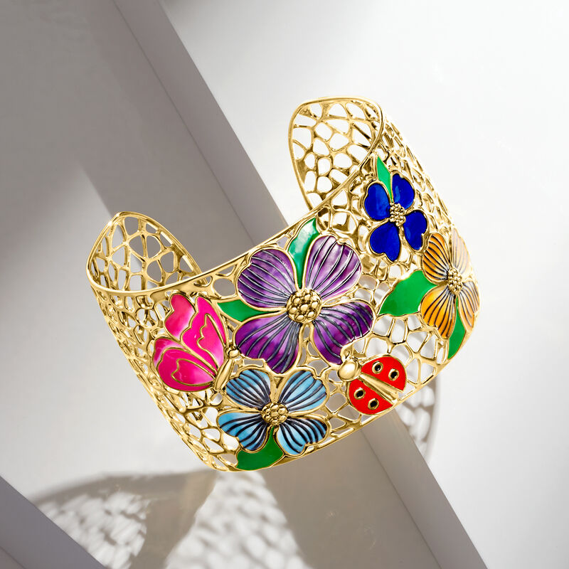 Multicolored Enamel Floral Filigree Cuff Bracelet in 18kt Gold Over Sterling image number 2