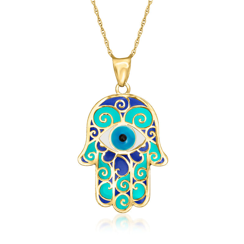 Blue Enamel Hamsa Pendant Necklace in 14kt Yellow Gold image number 0