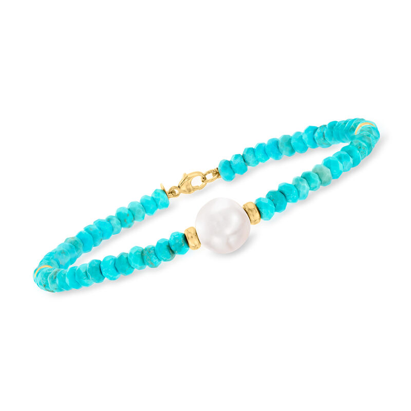 9-10mm Cultured Pearl and Turquoise Bead Bracelet in 14kt Yellow Gold. 7.25&quot; image number 0