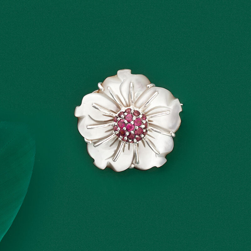 Mother-of-Pearl and 2.00 ct. t.w. Rhodolite Garnet Flower Pin in Sterling Silver image number 2