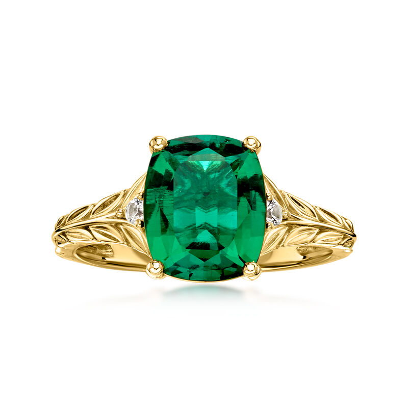 2.50 Carat Lab-Grown Emerald Ring with Lab-Grown White Sapphires in 10kt Yellow Gold image number 0