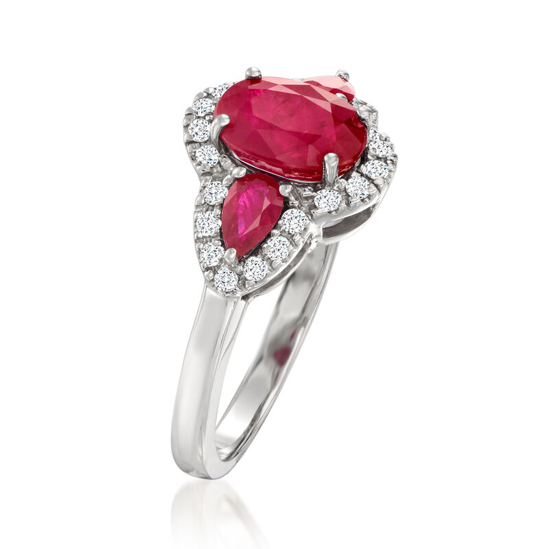 1.70 ct. t.w. Ruby and .21 ct. t.w. Diamond Three-Stone Ring in 14kt White Gold image number 2
