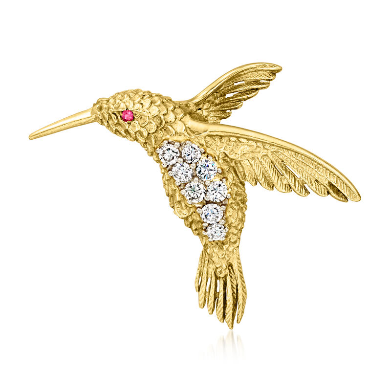 C. 1970 Vintage 1.00 ct. t.w. Diamond Hummingbird Pin with Ruby Accent in 18kt Yellow Gold image number 0
