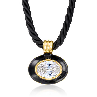 14kt Yellow Gold-Plated Necklace with 6.00 Carat CZ, Black Enamel and Black Cord