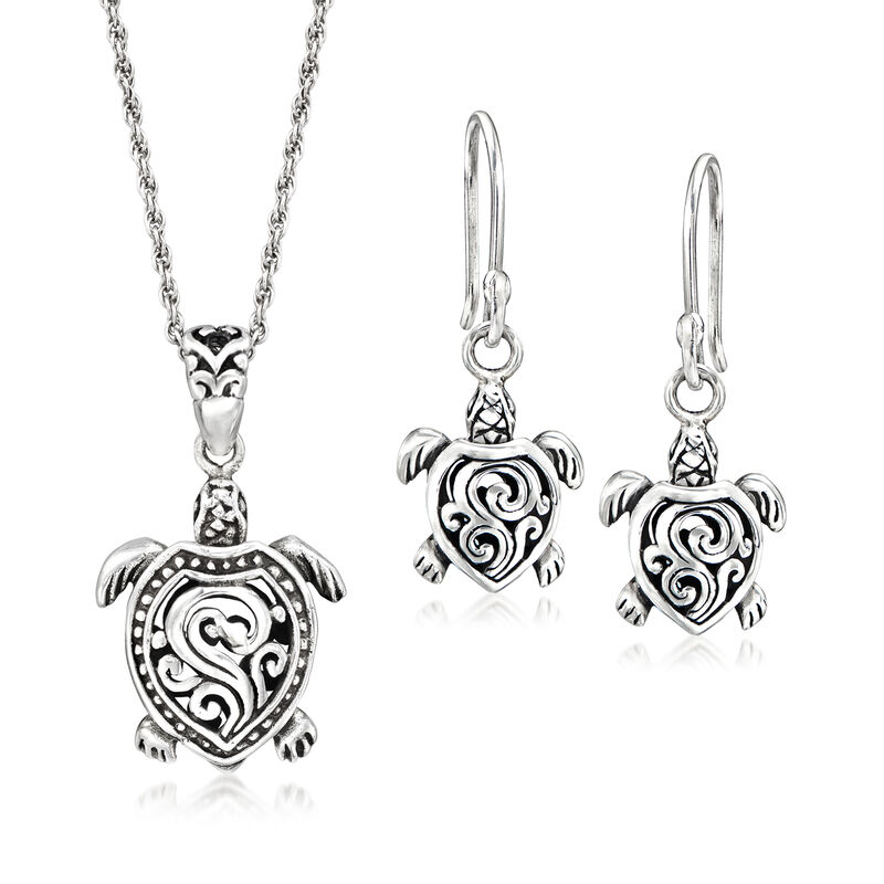 Sterling Silver Turtle Jewelry Set: Necklace and Drop Earrings. 18&quot; image number 1