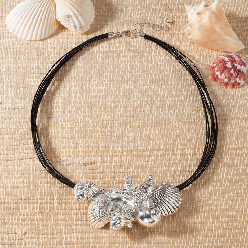 Sterling Silver Over Resin Starfish and Seashells Necklace with Black Leather. 18&quot; image number 6