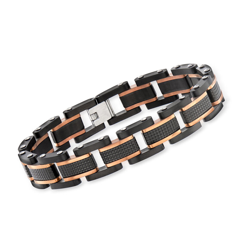 Men's Black Stainless Steel and 18kt Rose Gold Over Sterling Silver Link Bracelet. 8.5&quot; image number 0