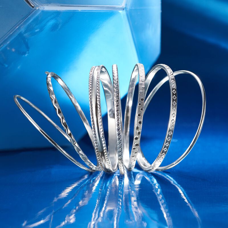 Italian Sterling Silver Jewelry Set: Seven Assorted Textured Bangle Bracelets image number 3