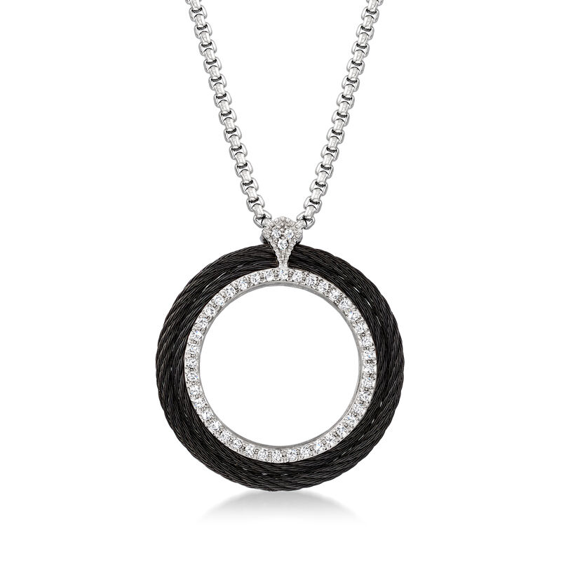 ALOR Black and Gray Stainless Steel Circle Pendant Necklace with .30 ct. t.w. Diamonds and 18kt White Gold. 16.5&quot; image number 1