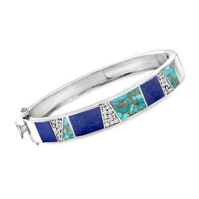 Turquoise, Lapis and 1.00 ct. t.w. White Topaz Bracelet in Sterling Silver
