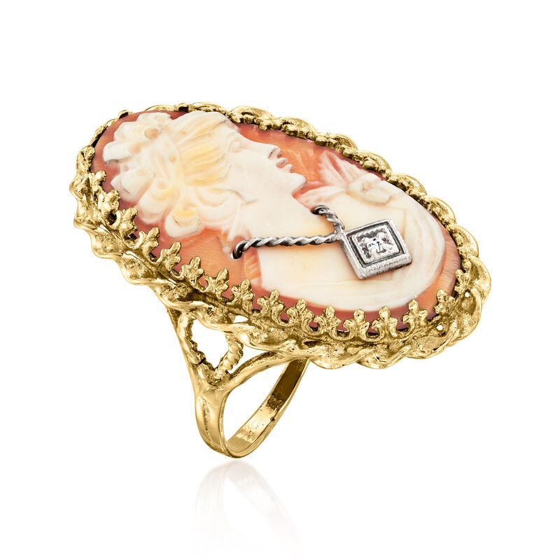 C. 1960 Vintage Orange Shell Cameo Ring with Single Diamond in 14kt Yellow Gold. Size 7 image number 2