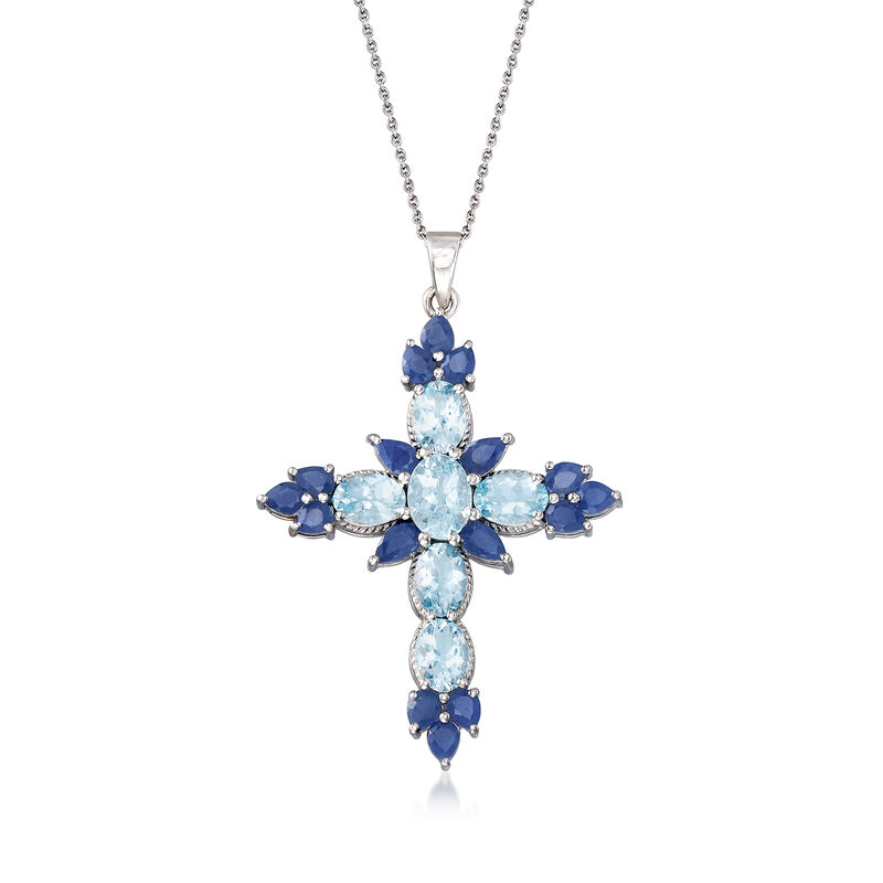 3.80 ct. t.w. Aquamarine and 3.50 ct. t.w. Sapphire Cross Pendant Necklace in Sterling Silver image number 0