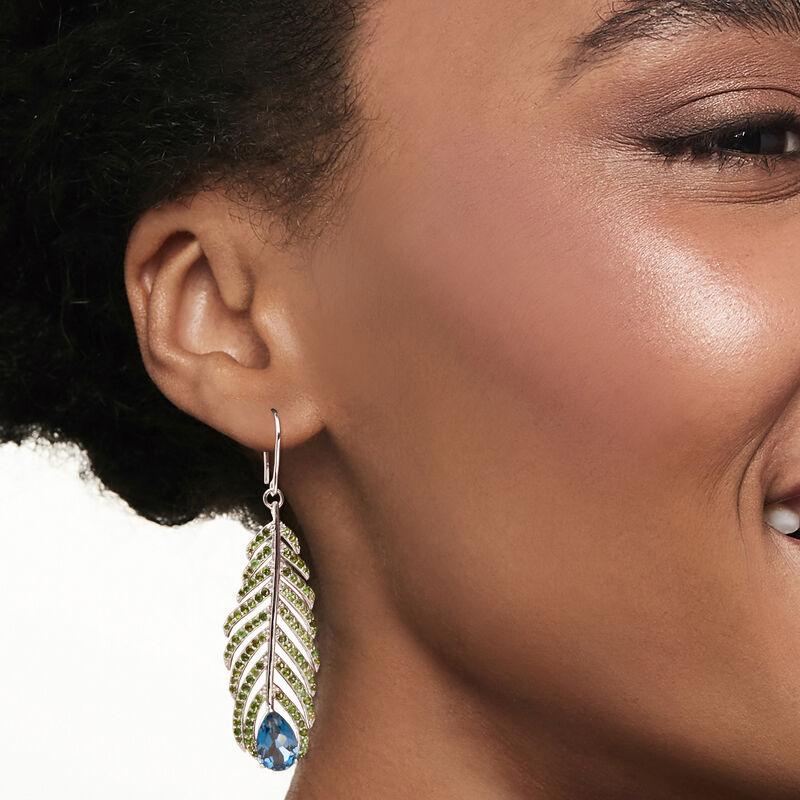 5.50 ct. t.w. London Blue Topaz and 3.30 ct. t.w. Green Tourmaline Feather Earrings in Sterling Silver. Earwire Earrings image number 1
