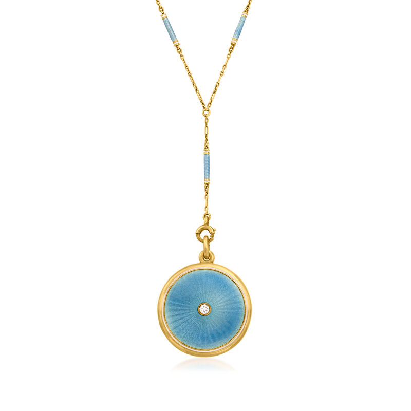 C. 1912 Vintage Blue Guilloche Enamel and .10 Carat Diamond Locket Y-Necklace in 14kt Yellow Gold. 13&quot; image number 0