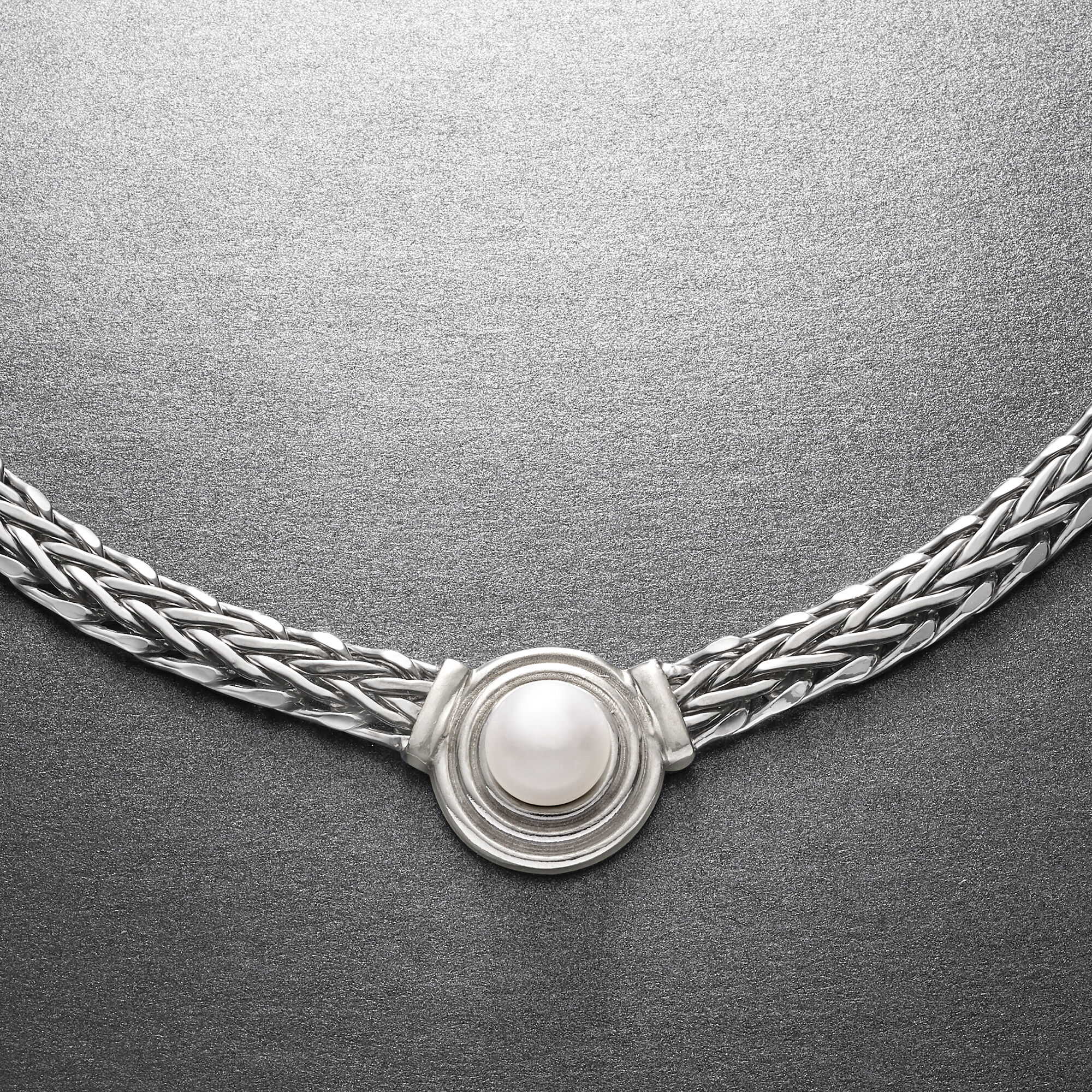 8mm Cultured Pearl Flat Wheat-Chain Necklace in Sterling Silver