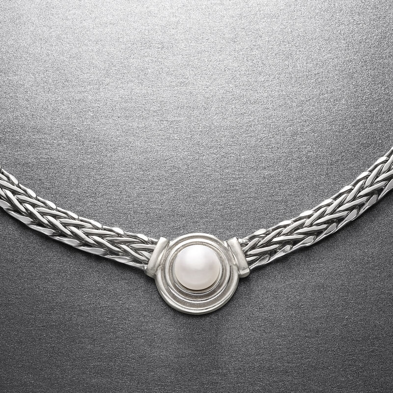 8mm Cultured Pearl Flat Wheat-Chain Necklace in Sterling Silver image number 3