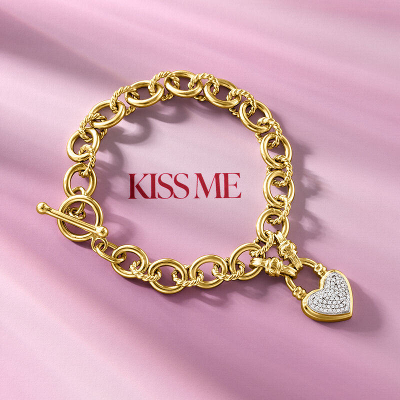 .25 ct. t.w. Diamond Heart Lock Toggle Bracelet in 18kt Gold Over Sterling and Sterling Silver image number 3