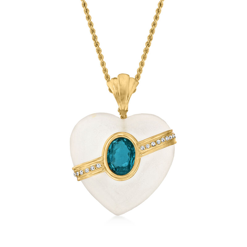 C. 1990 Vintage 8.75 Carat London Blue Topaz Heart Pendant Necklace with .30 ct. t.w. Diamonds and Glass in 14kt Yellow Gold image number 0