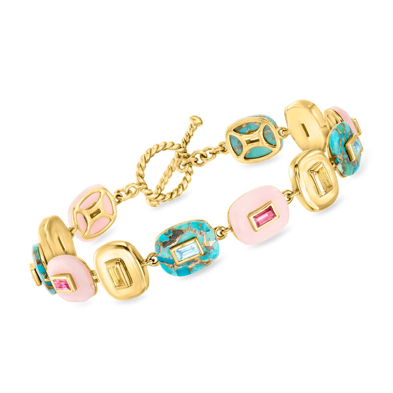 Pink Opal, Turquoise and 1.80 ct. t.w. Multi-Gemstone Overlay Bracelet in 18kt Gold Over Sterling image number 0