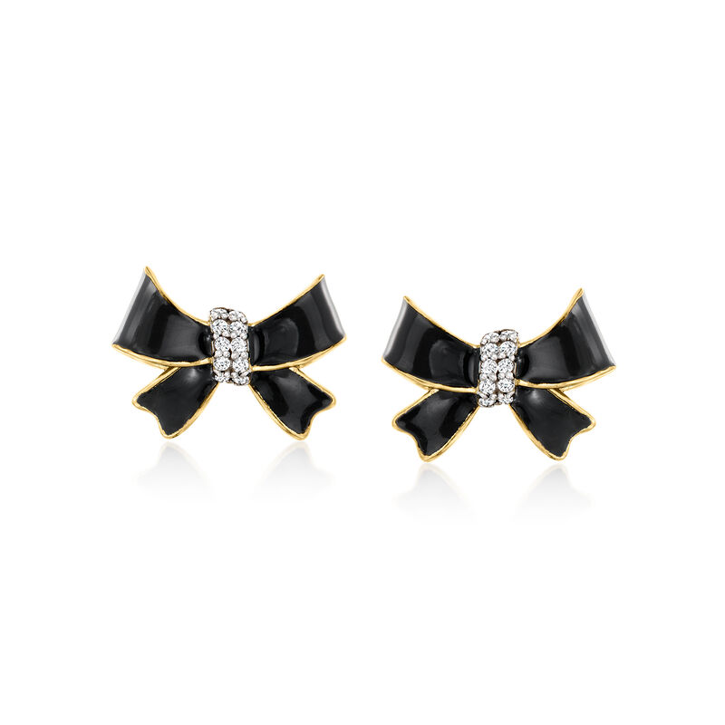 Black Enamel Bow Earrings with Diamonds in 18kt Gold Over Sterling  image number 0
