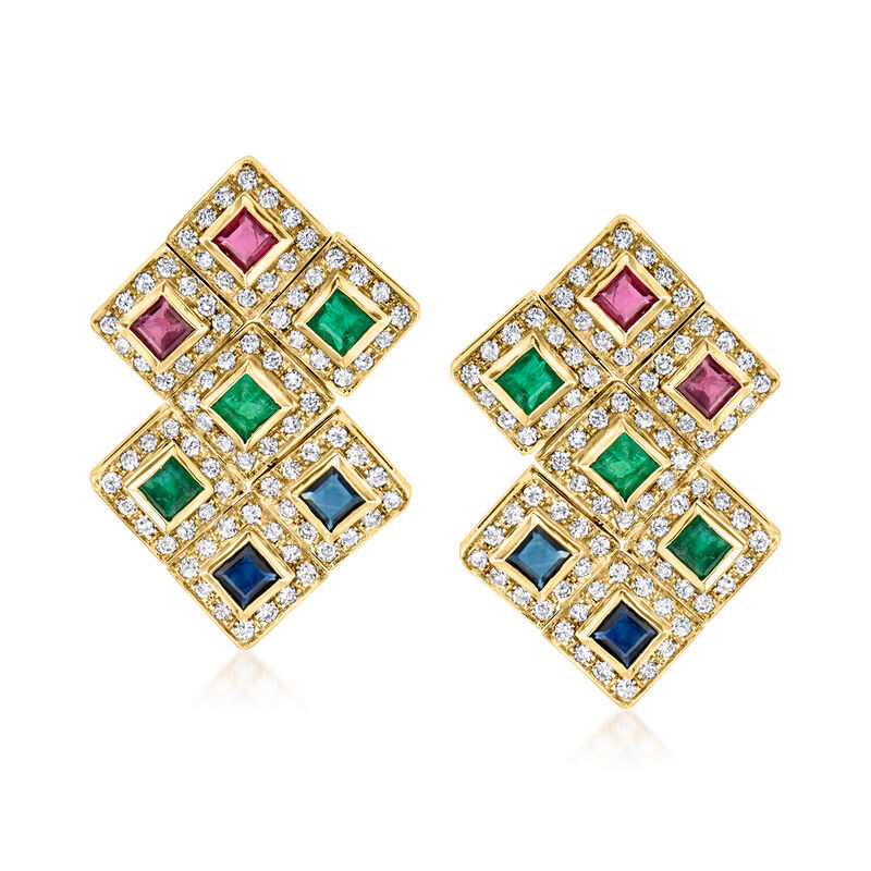 C. 1980 Vintage 2.30 ct. t.w. Multi-Gemstone and 1.75 ct. t.w. Diamond Geometric Earrings in 18kt Yellow Gold image number 0