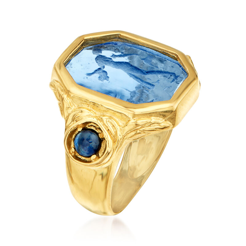 Italian Tagliamonte Blue Venetian Glass Intaglio and .90 ct. t.w. Sapphire Ring in 18kt Gold Over Sterling image number 2