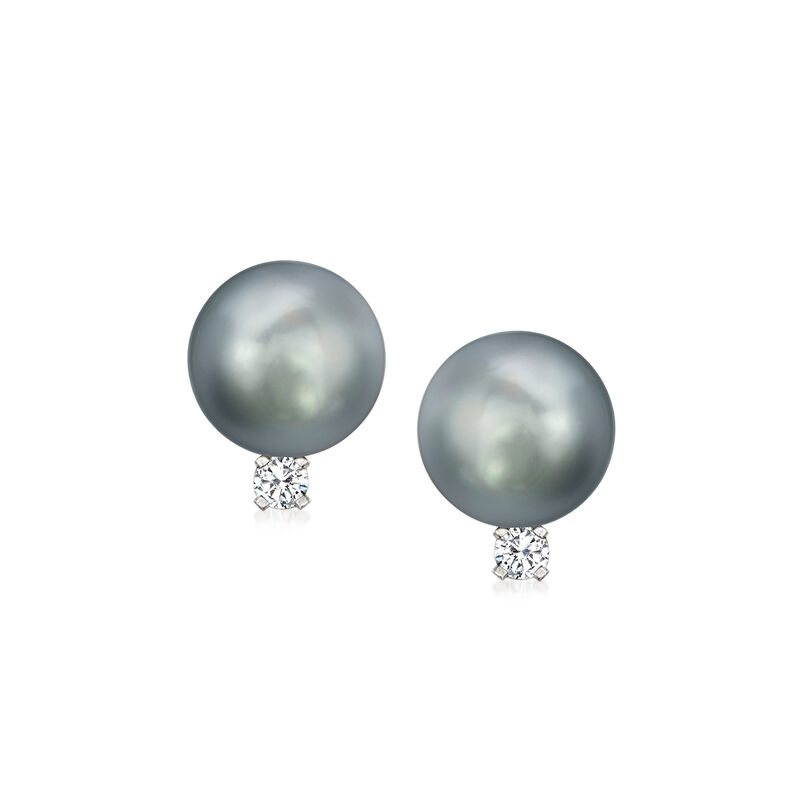 8-9mm Black Cultured Tahitian Pearl and .10 ct. t.w. Diamond Earrings in 14kt White Gold image number 0