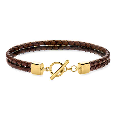 Italian Brown Leather Two-Strand Braided Toggle Bracelet