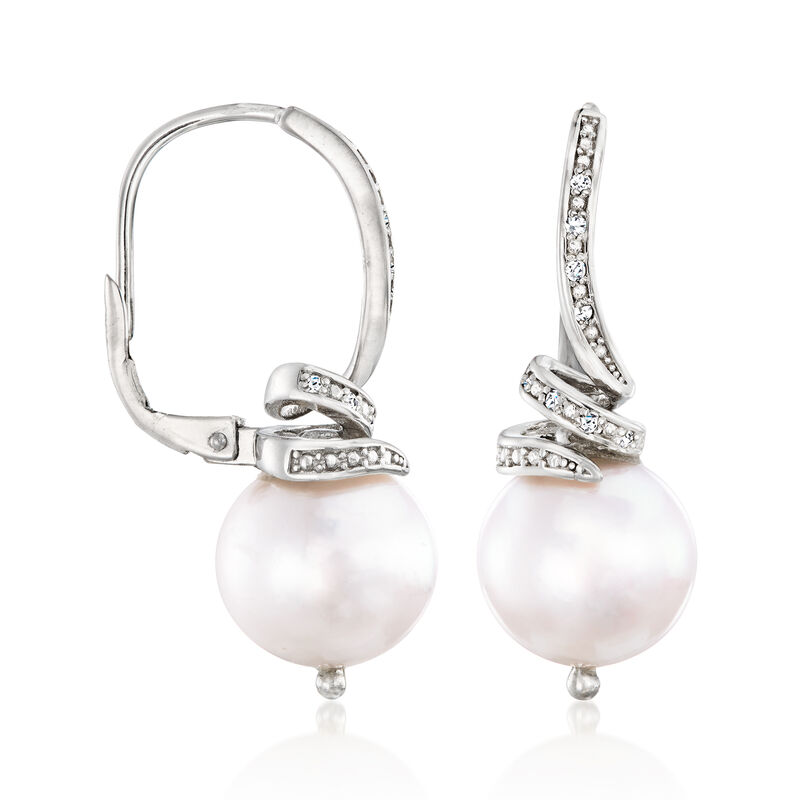 10.5-11mm Cultured Pearl and .10 ct. t.w. Diamond Drop Earrings in Sterling Silver  image number 2