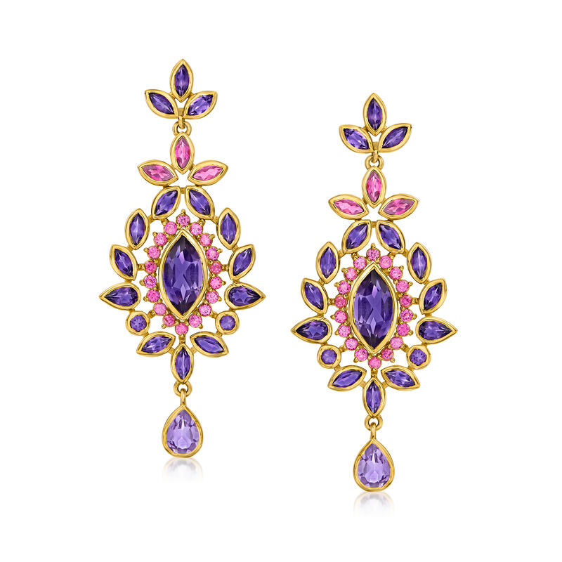 9.50 ct. t.w. Amethyst, 1.20 ct. t.w. Rhodolite Garnet and Rhodonite Drop Earrings in 18kt Gold Over Sterling image number 0