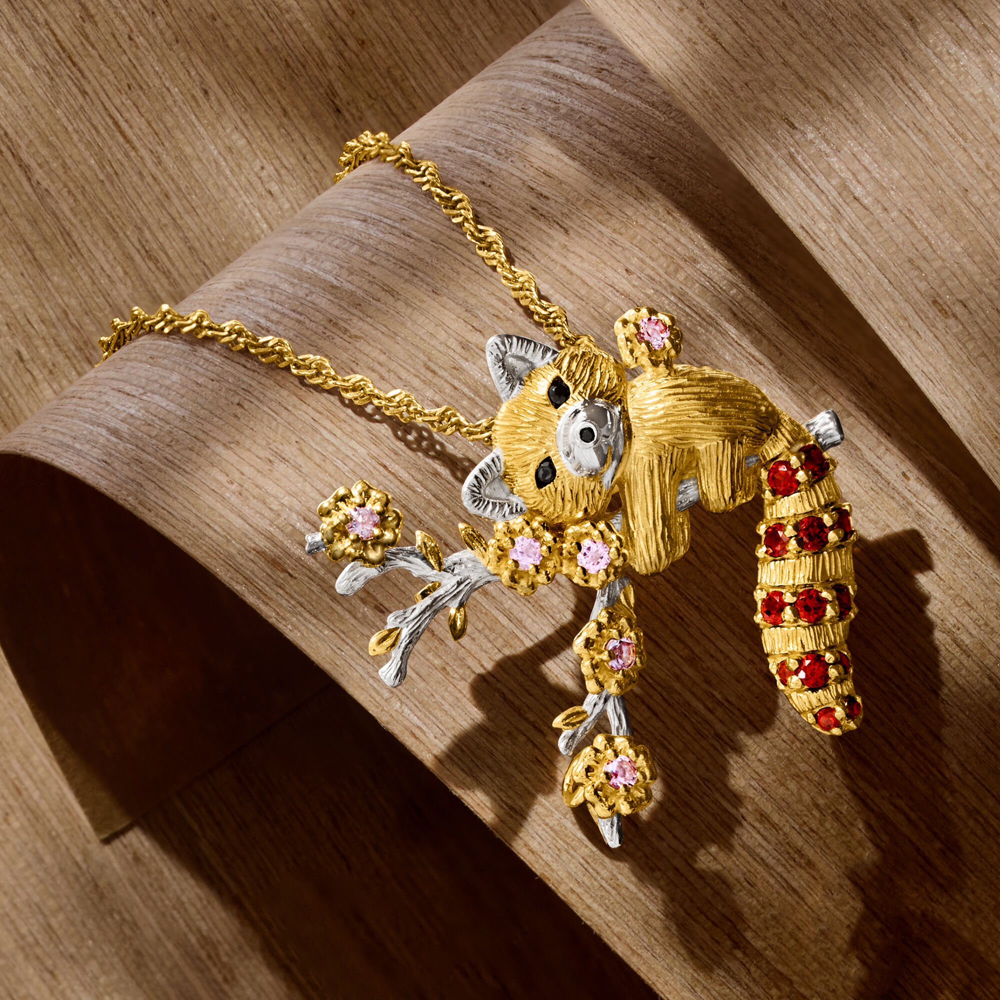 50 ct. t.w. Multi-Gemstone Red Panda Pin/Pendant Necklace with Black Spinel  in 18kt Gold