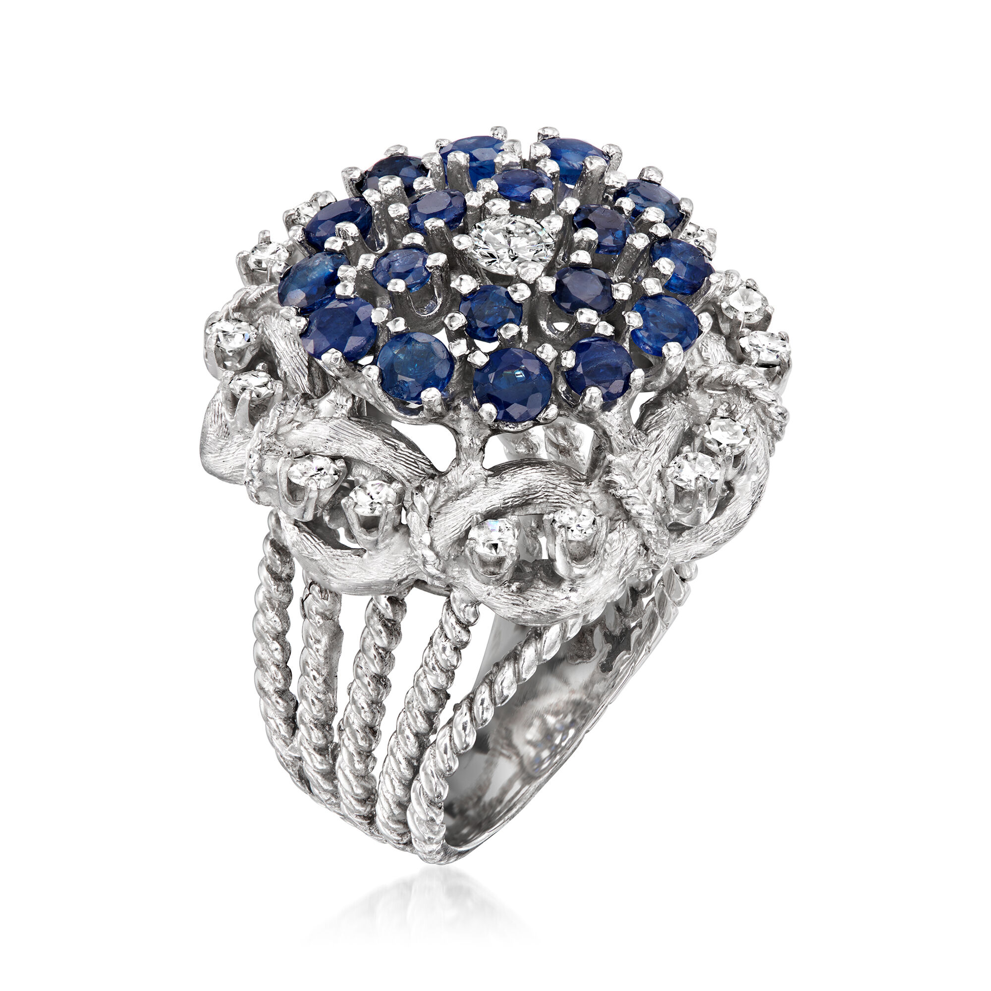 C. 1970 Vintage 3.20 ct. t.w. Sapphire and .85 ct. t.w. Diamond Flower Ring  in 14kt White Gold. Size 6.5