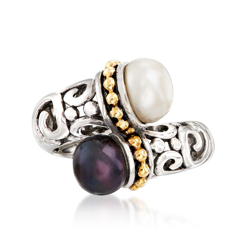 8.5mm White and 7.5mm Black Cultured Pearl Bypass Scrollwork Ring in Sterling Silver with 14kt Yellow Gold image number 0