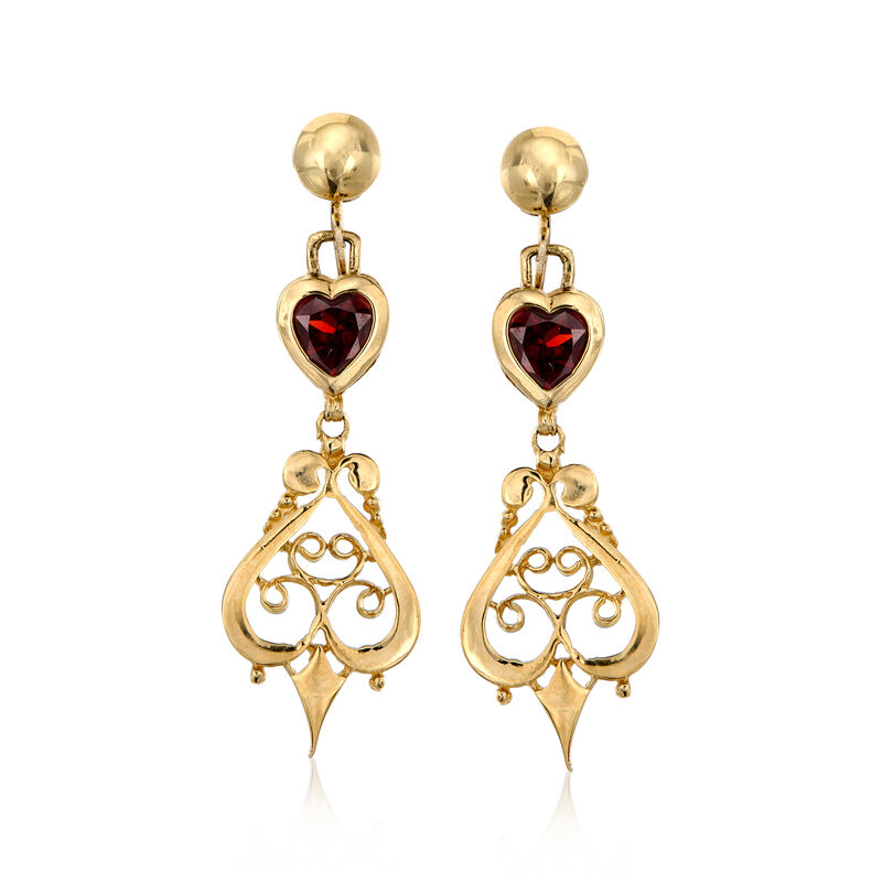 C. 1975 Vintage 2.00 ct. t.w. Garnet Heart Drop Earrings in 14kt Yellow Gold  image number 0