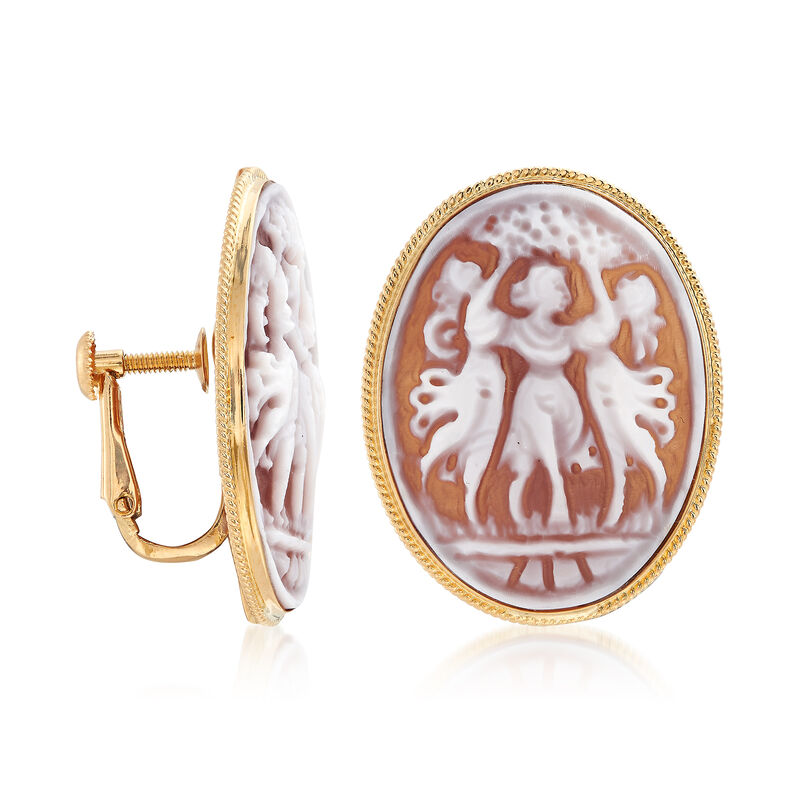 C. 1980 Vintage Pink Shell &quot;Three Graces&quot; Cameo Clip-On Earrings in 14kt Yellow Gold   image number 2