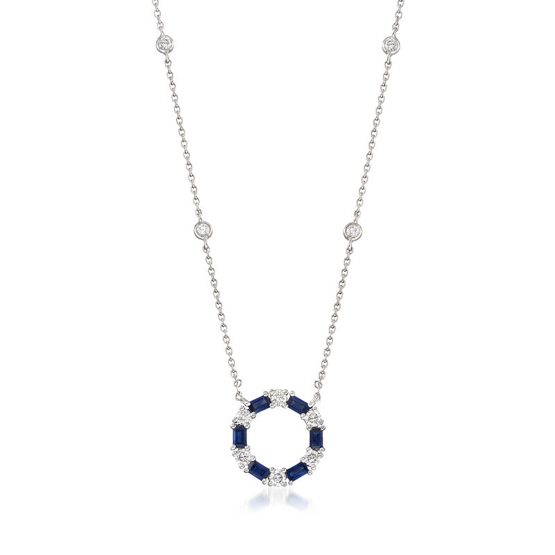 Gregg Ruth .72 ct. t.w. Sapphire and .44 ct. t.w. Diamond Circle Pendant Necklace in 18kt White Gold. 16&quot; image number 1