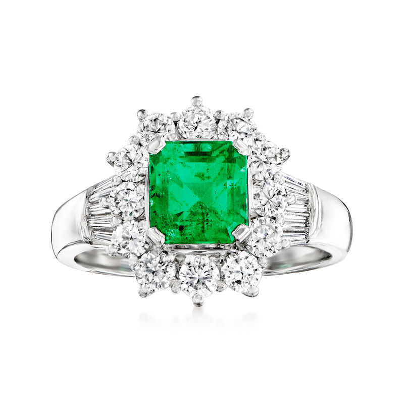 C. 1980 Vintage 1.58 Carat Emerald and 1.17 ct. t.w. Diamond Ring in Platinum image number 0