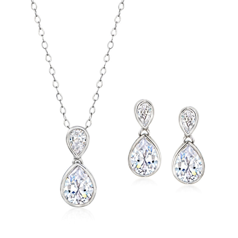 3.70 ct. t.w. CZ Jewelry Set: Drop Earrings and Pendant Necklace in Sterling Silver. 16&quot; image number 0