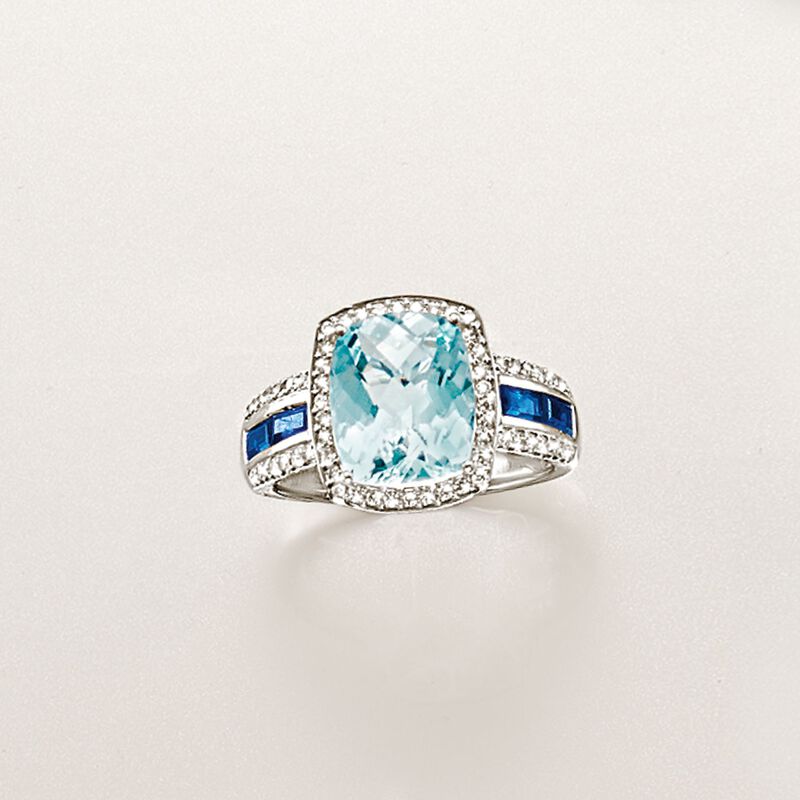 3.50 ct. t.w. Aquamarine and .80 ct. t.w. Sapphire Ring with Diamonds in 14kt White Gold image number 3
