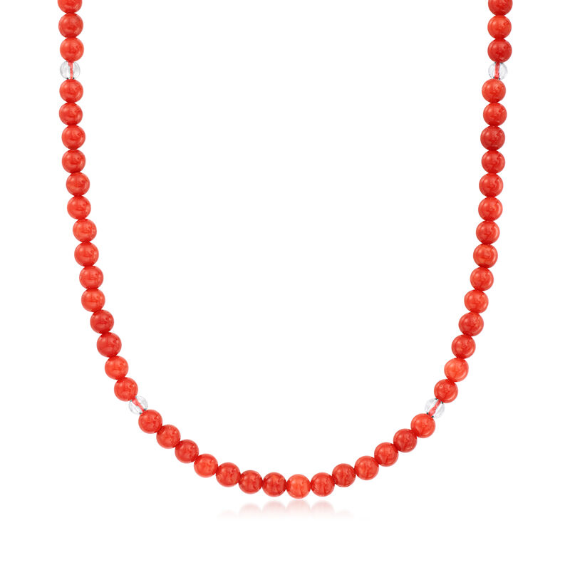 C. 1990 Vintage Red Coral and Rock Crystal Bead Necklace with 14kt Yellow Gold. 23&quot; image number 0