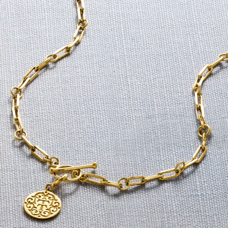 18kt Gold Over Sterling Paper Clip Link Toggle Necklace with Removable "T and T Twin Talk" Logo Charm image number 1