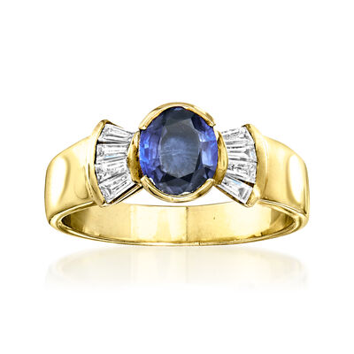C. 1990 Vintage 1.10 Carat Sapphire and .46 ct. t.w. Diamond Ring in 18kt Yellow Gold
