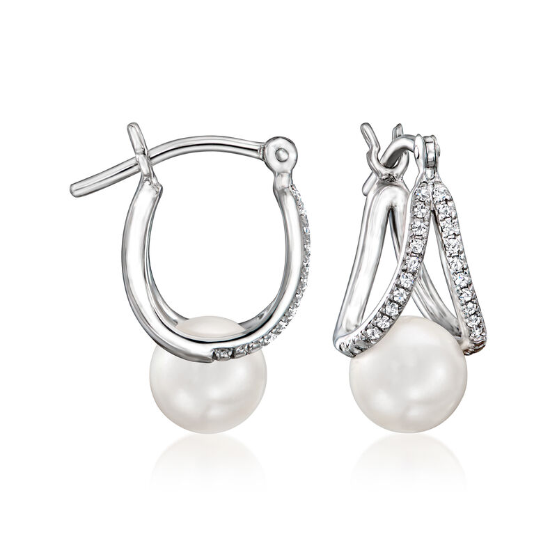 6.5-7mm Cultured Pearl and .10 ct. t.w. Diamond Double-Hoop Earrings in Sterling Silver. 5/8&quot; image number 0