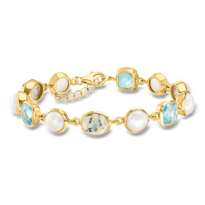 7.5-8mm Cultured Pearl, Gray Jasper and 7.00 ct. t.w. Sky Blue Topaz Bracelet in 18kt Gold Over Sterling