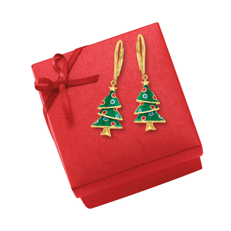 Multicolored Enamel Christmas Tree Drop Earrings in 18kt Gold Over Sterling image number 2