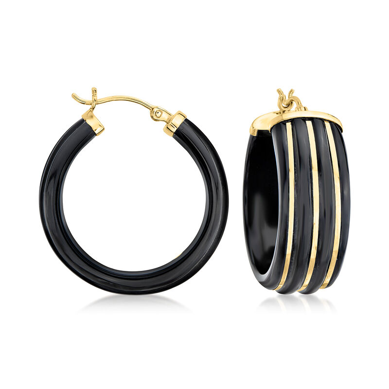 Black Agate Hoop Earrings with 14kt Yellow Gold image number 0