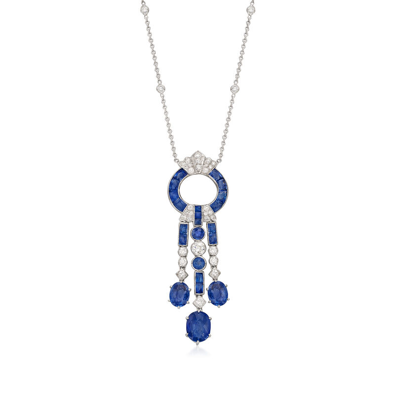 C. 2000 Vintage 11.21 ct. t.w. Sapphire and 1.28 ct. t.w. Diamond Drop Necklace in 18kt White Gold. 16&quot; image number 1
