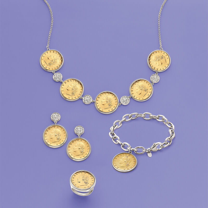 Italian Genuine 20-Lira Coin and .45 ct. t.w. CZ Drop Earrings in Sterling Silver image number 2